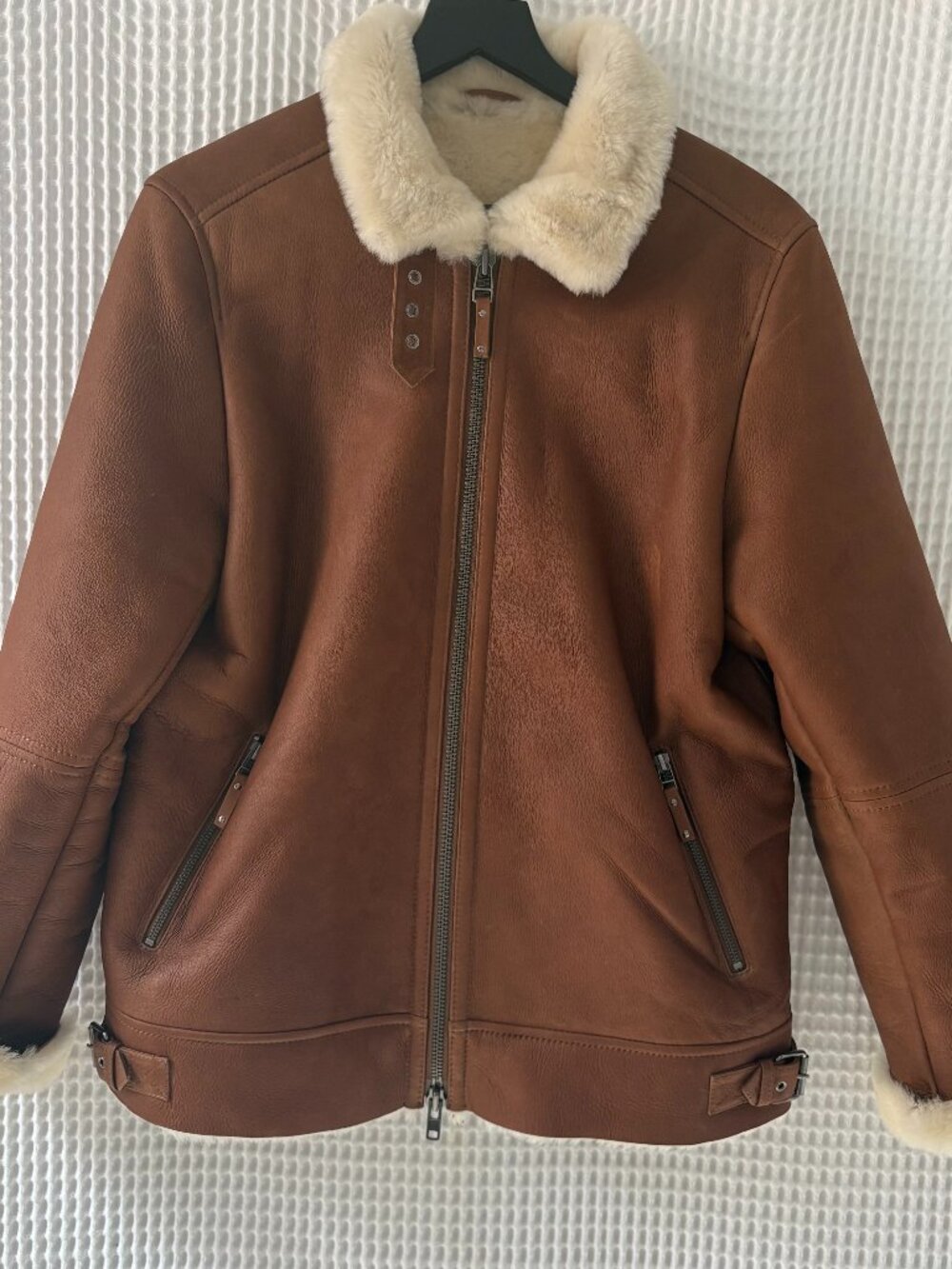 Allen Edmonds Aston Leather caramel brown Shearling Aviator Jacket men's 40 / M